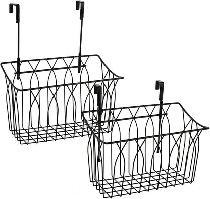2 Pack Grid Storage Baskets with Hooks, Metal Hanging Wire Basket Kitchen Over the Cabinet Door Organizer Caddy for Cutting Board, Kitchen Wrap, Foil, Cleaning Supplies, Bakeware, Towel