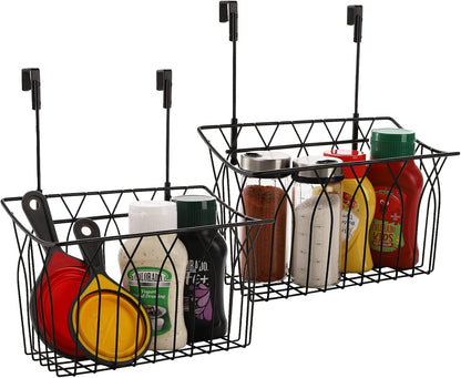 2 Pack Grid Storage Baskets with Hooks, Metal Hanging Wire Basket Kitchen Over the Cabinet Door Organizer Caddy for Cutting Board, Kitchen Wrap, Foil, Cleaning Supplies, Bakeware, Towel