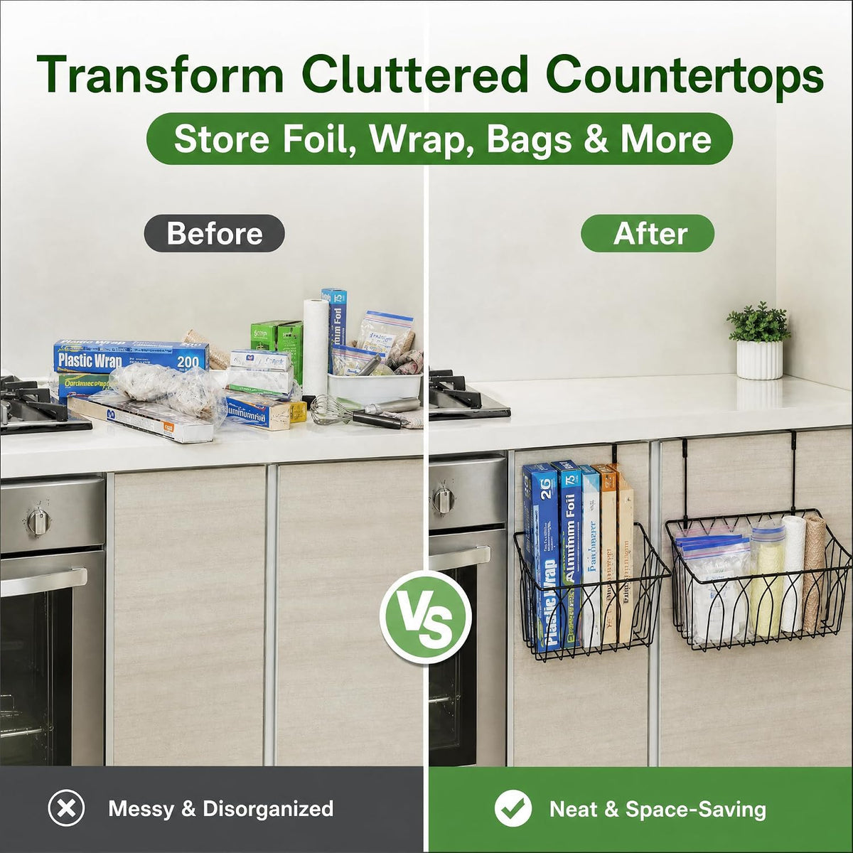 2 Pack Grid Storage Baskets with Hooks, Metal Hanging Wire Basket Kitchen Over the Cabinet Door Organizer Caddy for Cutting Board, Kitchen Wrap, Foil, Cleaning Supplies, Bakeware, Towel