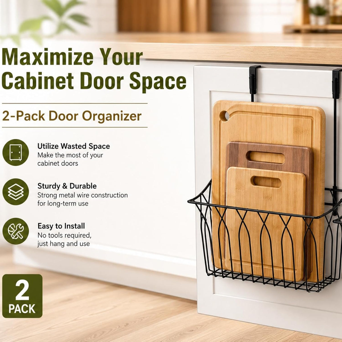2 Pack Grid Storage Baskets with Hooks, Metal Hanging Wire Basket Kitchen Over the Cabinet Door Organizer Caddy for Cutting Board, Kitchen Wrap, Foil, Cleaning Supplies, Bakeware, Towel
