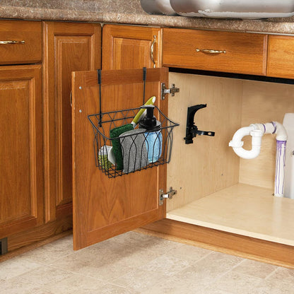 2 Pack Grid Storage Baskets with Hooks, Metal Hanging Wire Basket Kitchen Over the Cabinet Door Organizer Caddy for Cutting Board, Kitchen Wrap, Foil, Cleaning Supplies, Bakeware, Towel