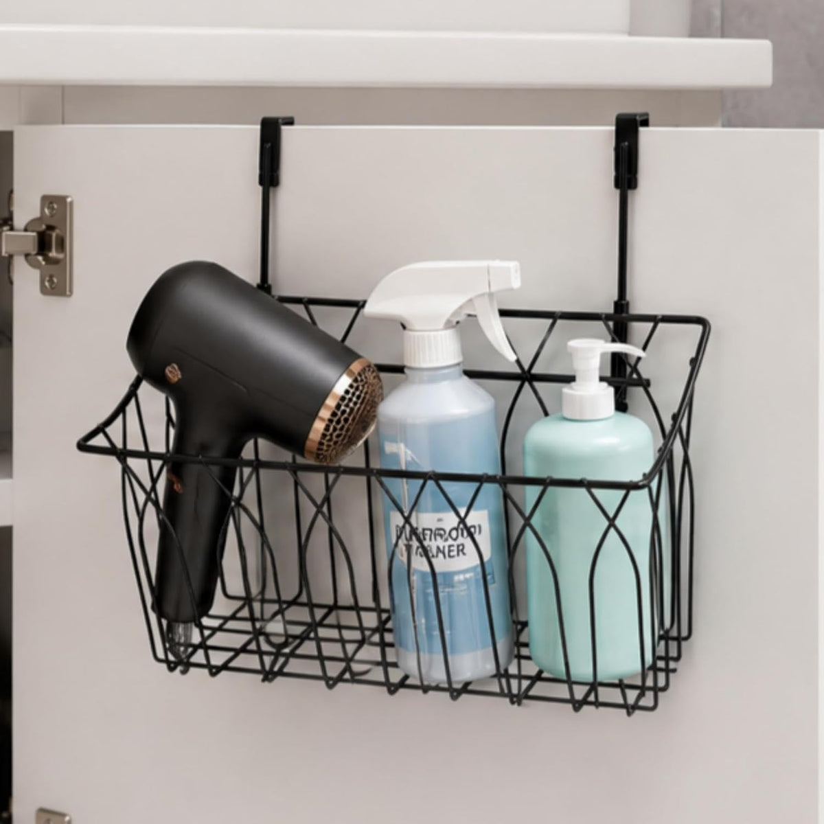 2 Pack Grid Storage Baskets with Hooks, Metal Hanging Wire Basket Kitchen Over the Cabinet Door Organizer Caddy for Cutting Board, Kitchen Wrap, Foil, Cleaning Supplies, Bakeware, Towel