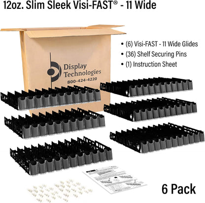 Drink Organizer for Fridge, Visi-Fast Spring-Loaded Beverage Glides for 12oz slim, 11-Wide, 24" D, 6-Pack