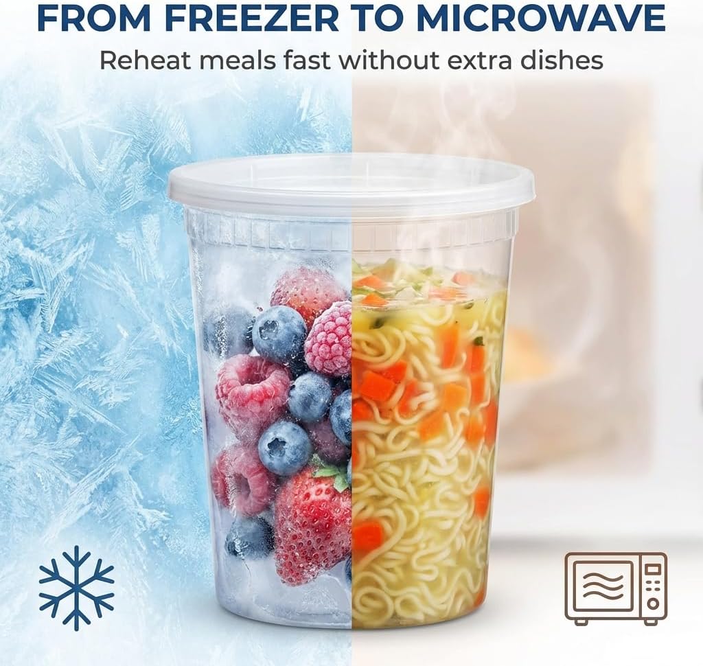 Plastic Deli Containers with Lids - 16oz Pint & 32oz Quart | Leak Proof, Microwaveable, Dishwasher & Freezer Safe - Plastic Food Storage, Meal Prep, Restaurant & Soup Containers