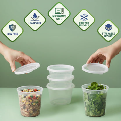 Plastic Deli Containers with Lids - 16oz Pint & 32oz Quart | Leak Proof, Microwaveable, Dishwasher & Freezer Safe - Plastic Food Storage, Meal Prep, Restaurant & Soup Containers
