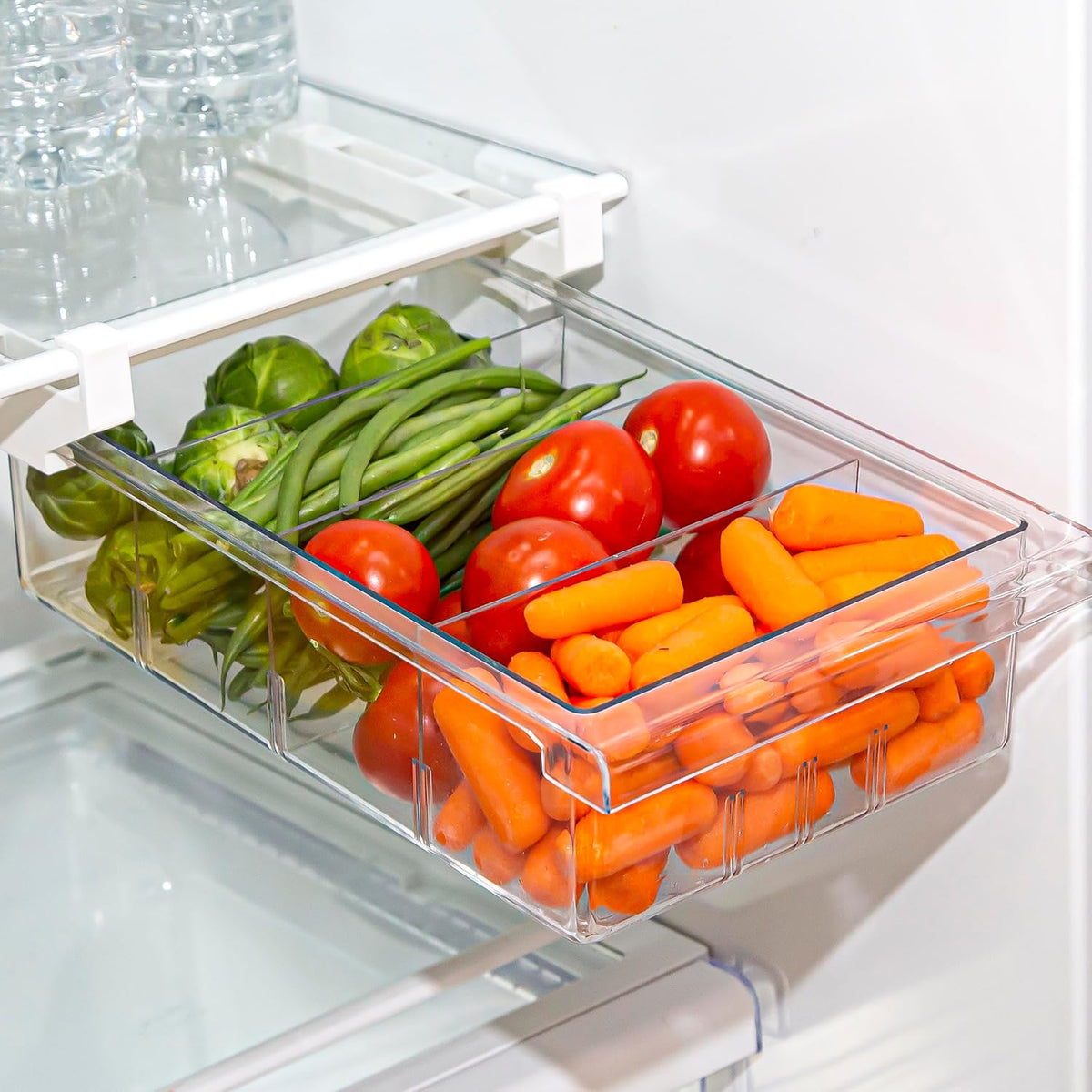 Pull-out Fridge Organizer | THE HANGER COLLECTION | Fridge Drawer Organizer with 2 Dividers | Clear Pantry Drawer Organizers | Shelf Holder Storage Drawers for Fruits, Veggies & Drinks