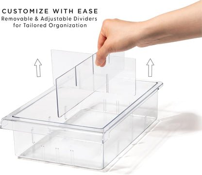 Pull-out Fridge Organizer | THE HANGER COLLECTION | Fridge Drawer Organizer with 2 Dividers | Clear Pantry Drawer Organizers | Shelf Holder Storage Drawers for Fruits, Veggies & Drinks