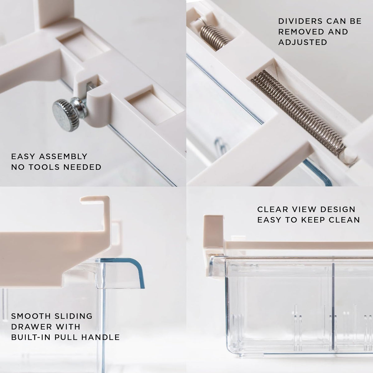 Pull-out Fridge Organizer | THE HANGER COLLECTION | Fridge Drawer Organizer with 2 Dividers | Clear Pantry Drawer Organizers | Shelf Holder Storage Drawers for Fruits, Veggies & Drinks