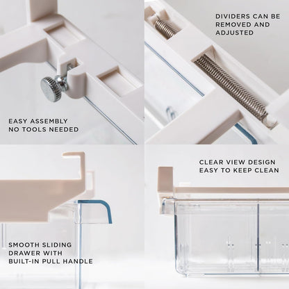 Pull-out Fridge Organizer | THE HANGER COLLECTION | Fridge Drawer Organizer with 2 Dividers | Clear Pantry Drawer Organizers | Shelf Holder Storage Drawers for Fruits, Veggies & Drinks