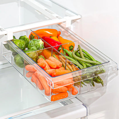 Pull-out Fridge Organizer | THE HANGER COLLECTION | Fridge Drawer Organizer with 2 Dividers | Clear Pantry Drawer Organizers | Shelf Holder Storage Drawers for Fruits, Veggies & Drinks