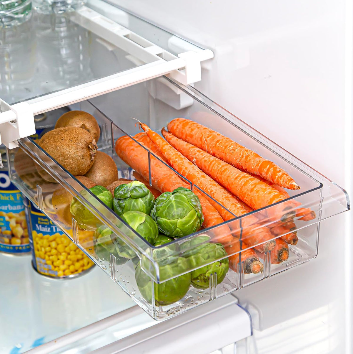 Pull-out Fridge Organizer | THE HANGER COLLECTION | Fridge Drawer Organizer with 2 Dividers | Clear Pantry Drawer Organizers | Shelf Holder Storage Drawers for Fruits, Veggies & Drinks