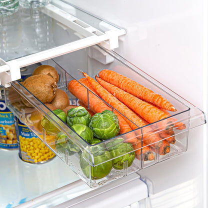 Pull-out Fridge Organizer | THE HANGER COLLECTION | Fridge Drawer Organizer with 2 Dividers | Clear Pantry Drawer Organizers | Shelf Holder Storage Drawers for Fruits, Veggies & Drinks