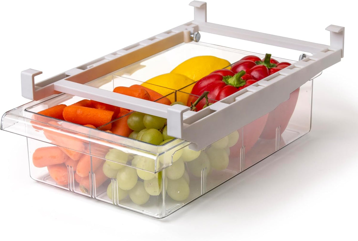 Pull-out Fridge Organizer | THE HANGER COLLECTION | Fridge Drawer Organizer with 2 Dividers | Clear Pantry Drawer Organizers | Shelf Holder Storage Drawers for Fruits, Veggies & Drinks