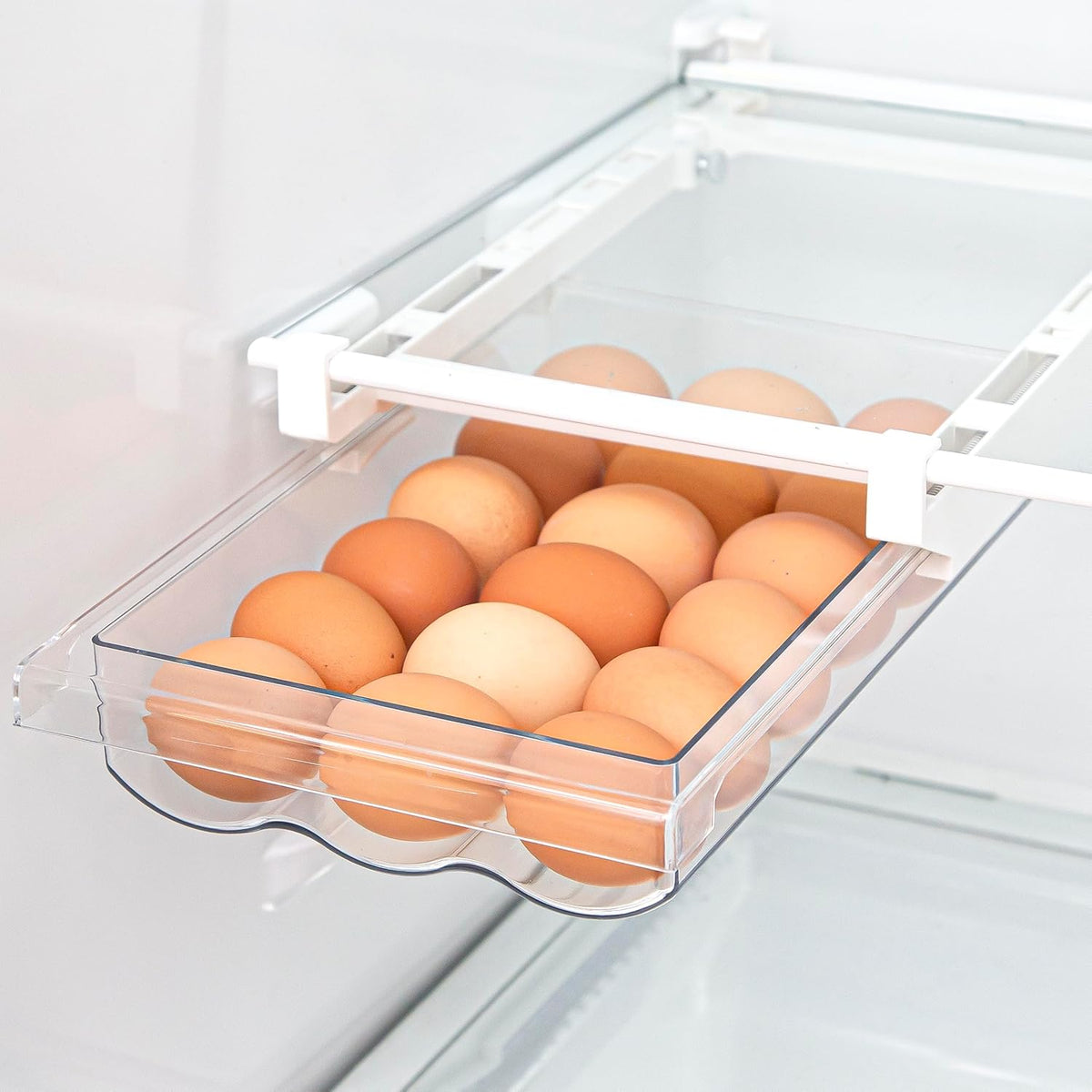 Pull-out Fridge Organizer | THE HANGER COLLECTION | Fridge Drawer Organizer with 2 Dividers | Clear Pantry Drawer Organizers | Shelf Holder Storage Drawers for Fruits, Veggies & Drinks