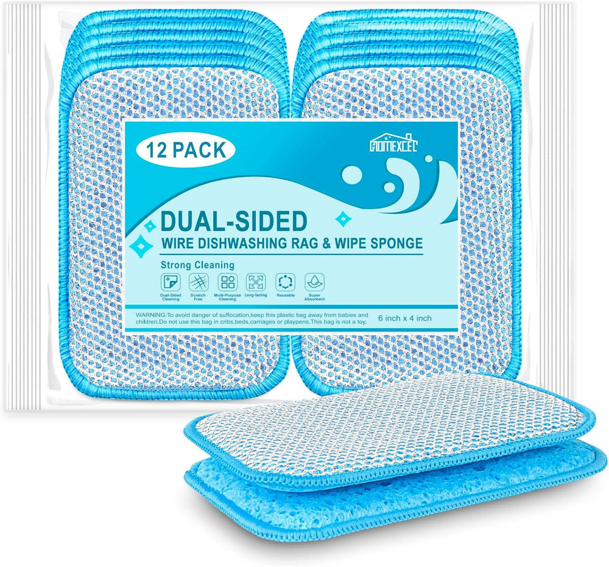 12 Pack Scrub & Wipe Cloths, Scrub Sponges with Non-Scratch Wire Dishwashing Rag for Kitchen, All-Purpose Cloth for Dishes, Pots, Pans, Non-Stick Cookware, Countertops (Blue)