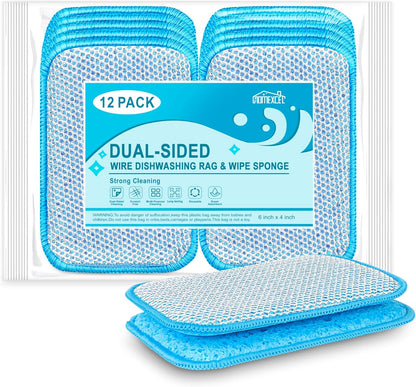 12 Pack Scrub & Wipe Cloths, Scrub Sponges with Non-Scratch Wire Dishwashing Rag for Kitchen, All-Purpose Cloth for Dishes, Pots, Pans, Non-Stick Cookware, Countertops (Blue)
