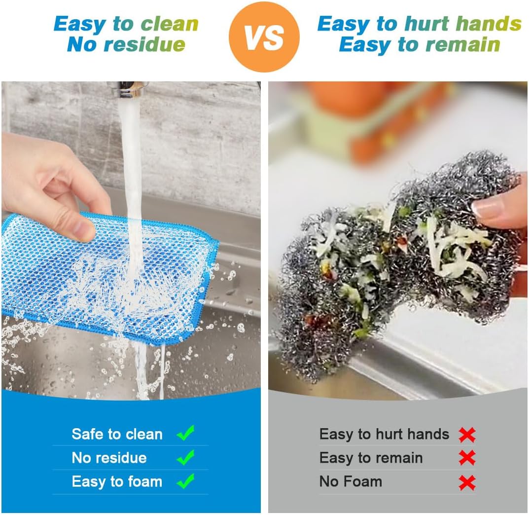 12 Pack Scrub & Wipe Cloths, Scrub Sponges with Non-Scratch Wire Dishwashing Rag for Kitchen, All-Purpose Cloth for Dishes, Pots, Pans, Non-Stick Cookware, Countertops (Blue)