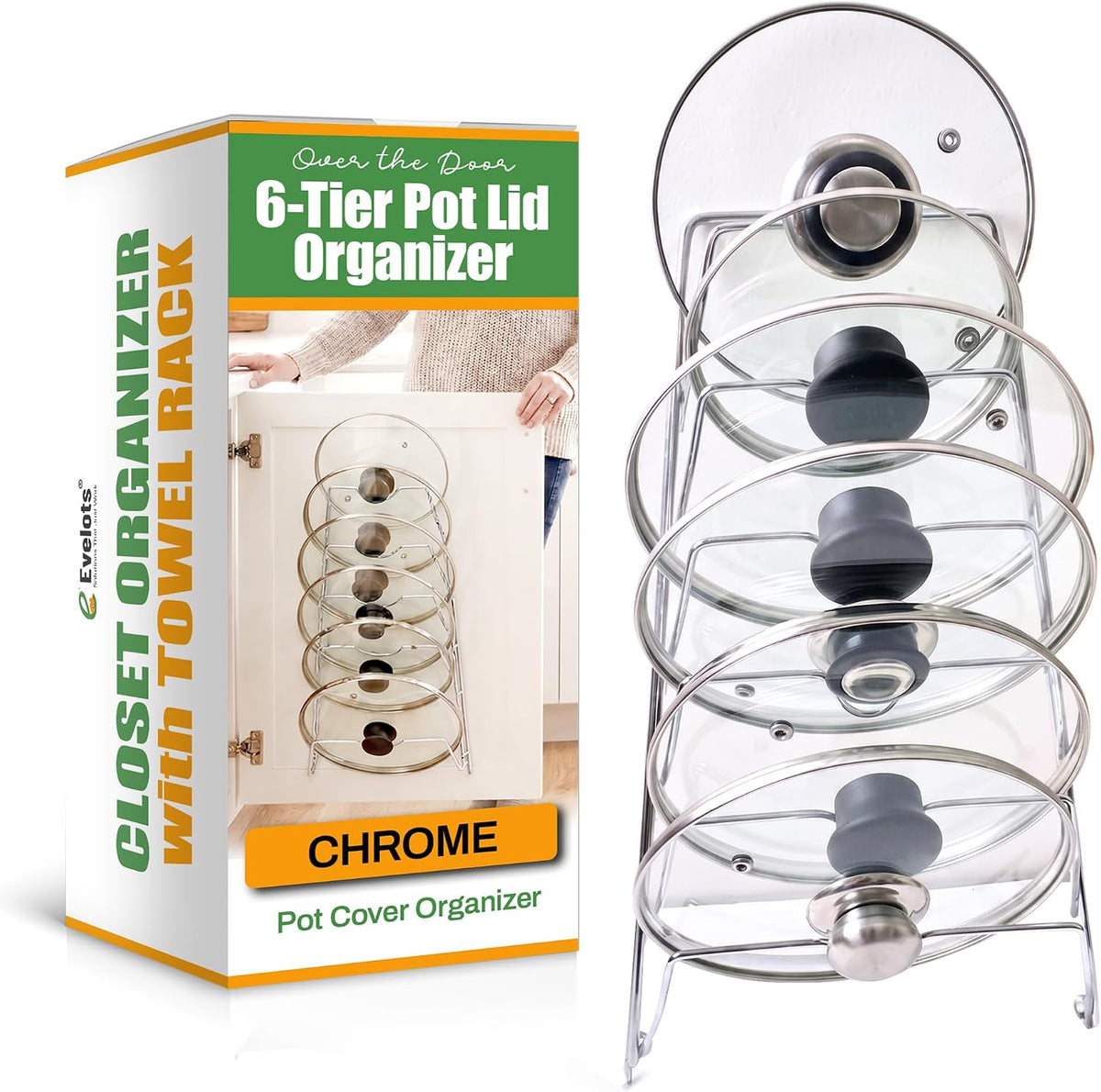 6-Slot Pot Lid Organizer, Cabinet Door or Wall Rack, White, 1-Pack | Six slots organize glass and metal pot or pan lids; mount on a cabinet door or pantry wall to maximize kitchen storage.