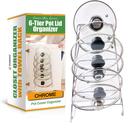 6-Slot Pot Lid Organizer, Cabinet Door or Wall Rack, White, 1-Pack | Six slots organize glass and metal pot or pan lids; mount on a cabinet door or pantry wall to maximize kitchen storage.