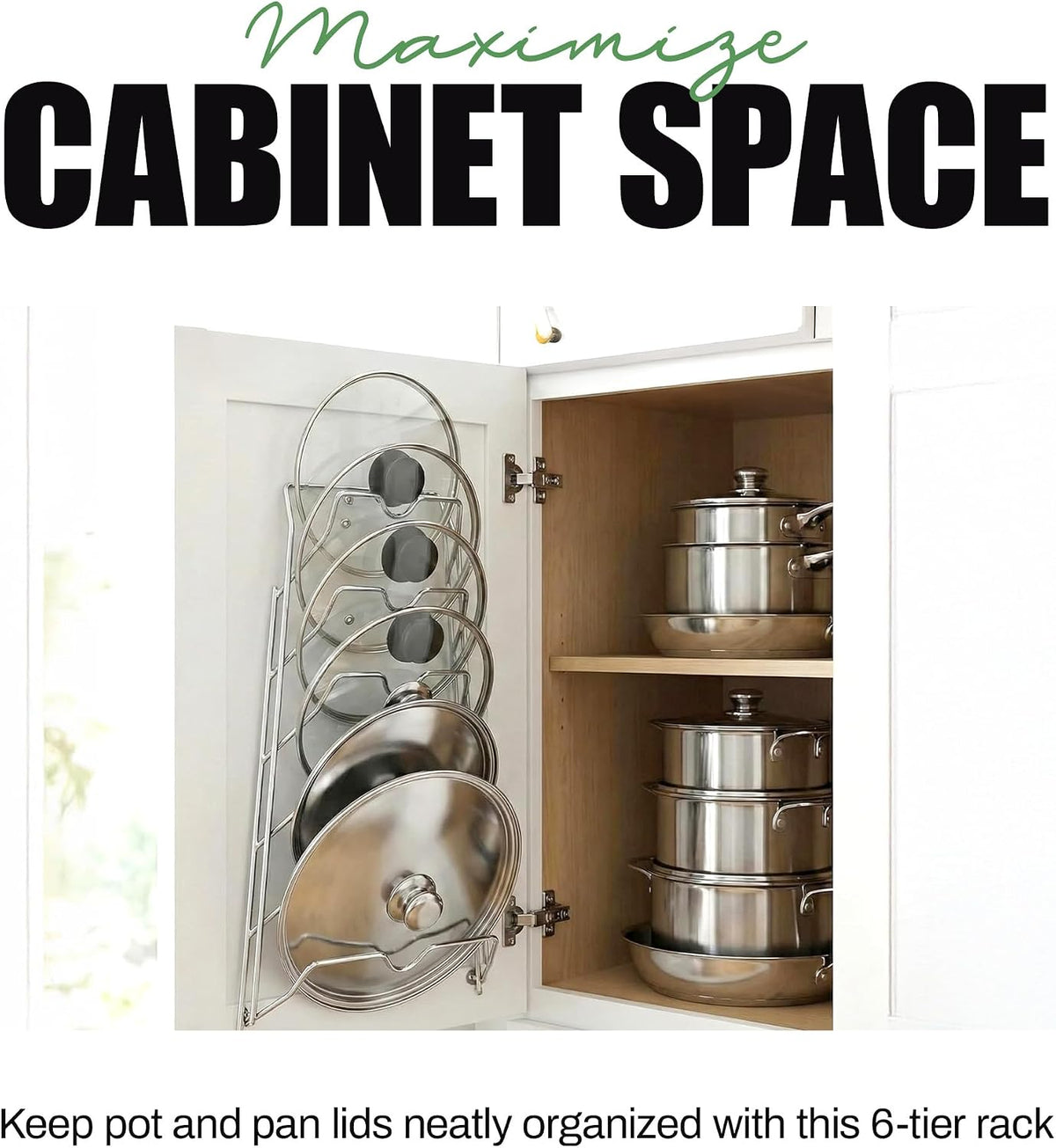 6-Slot Pot Lid Organizer, Cabinet Door or Wall Rack, White, 1-Pack | Six slots organize glass and metal pot or pan lids; mount on a cabinet door or pantry wall to maximize kitchen storage.