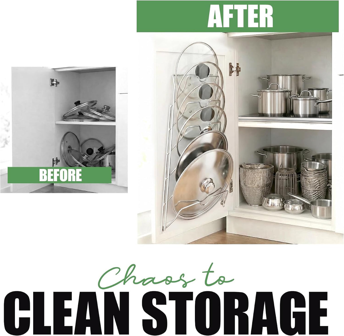 6-Slot Pot Lid Organizer, Cabinet Door or Wall Rack, White, 1-Pack | Six slots organize glass and metal pot or pan lids; mount on a cabinet door or pantry wall to maximize kitchen storage.