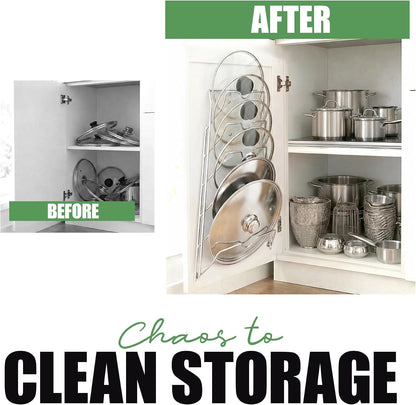 6-Slot Pot Lid Organizer, Cabinet Door or Wall Rack, White, 1-Pack | Six slots organize glass and metal pot or pan lids; mount on a cabinet door or pantry wall to maximize kitchen storage.