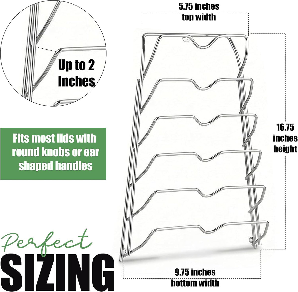 6-Slot Pot Lid Organizer, Cabinet Door or Wall Rack, White, 1-Pack | Six slots organize glass and metal pot or pan lids; mount on a cabinet door or pantry wall to maximize kitchen storage.
