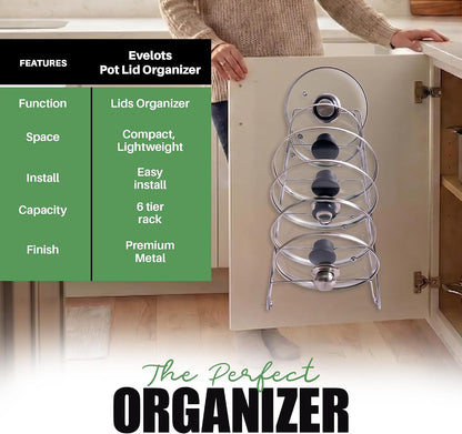 6-Slot Pot Lid Organizer, Cabinet Door or Wall Rack, White, 1-Pack | Six slots organize glass and metal pot or pan lids; mount on a cabinet door or pantry wall to maximize kitchen storage.