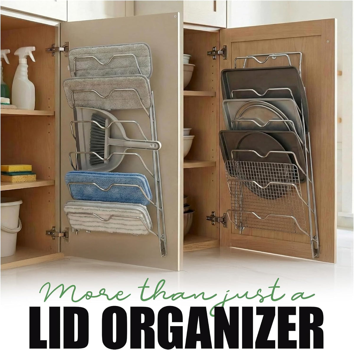 6-Slot Pot Lid Organizer, Cabinet Door or Wall Rack, White, 1-Pack | Six slots organize glass and metal pot or pan lids; mount on a cabinet door or pantry wall to maximize kitchen storage.
