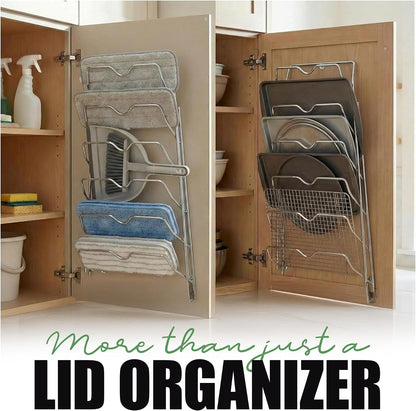 6-Slot Pot Lid Organizer, Cabinet Door or Wall Rack, White, 1-Pack | Six slots organize glass and metal pot or pan lids; mount on a cabinet door or pantry wall to maximize kitchen storage.
