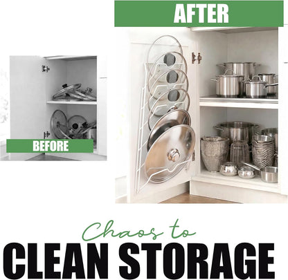 6-Slot Pot Lid Organizer, Cabinet Door or Wall Rack, White, 1-Pack | Six slots organize glass and metal pot or pan lids; mount on a cabinet door or pantry wall to maximize kitchen storage.