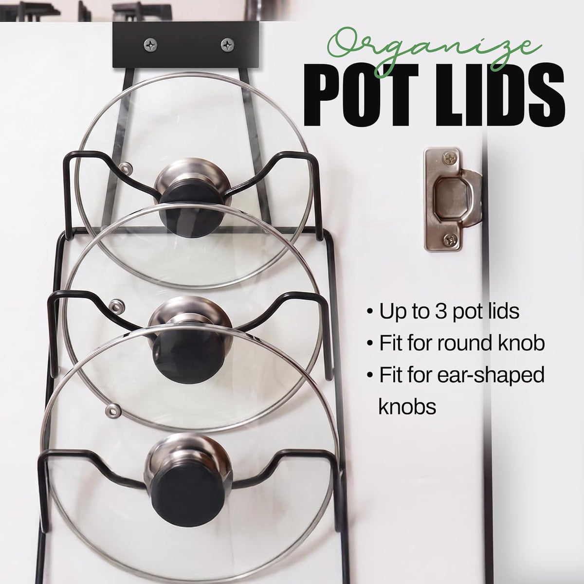 6-Slot Pot Lid Organizer, Cabinet Door or Wall Rack, White, 1-Pack | Six slots organize glass and metal pot or pan lids; mount on a cabinet door or pantry wall to maximize kitchen storage.