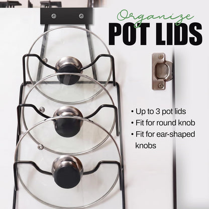 6-Slot Pot Lid Organizer, Cabinet Door or Wall Rack, White, 1-Pack | Six slots organize glass and metal pot or pan lids; mount on a cabinet door or pantry wall to maximize kitchen storage.