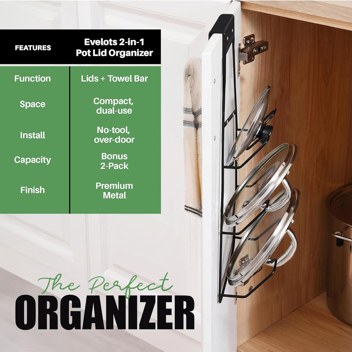 6-Slot Pot Lid Organizer, Cabinet Door or Wall Rack, White, 1-Pack | Six slots organize glass and metal pot or pan lids; mount on a cabinet door or pantry wall to maximize kitchen storage.