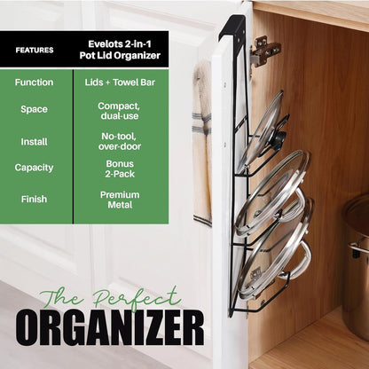 6-Slot Pot Lid Organizer, Cabinet Door or Wall Rack, White, 1-Pack | Six slots organize glass and metal pot or pan lids; mount on a cabinet door or pantry wall to maximize kitchen storage.