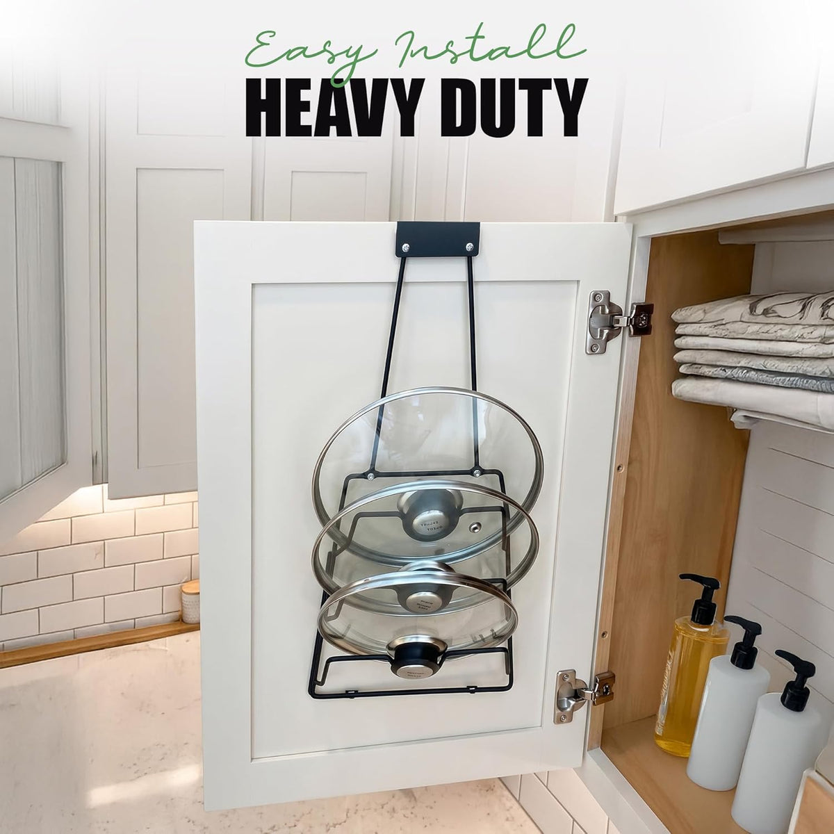 6-Slot Pot Lid Organizer, Cabinet Door or Wall Rack, White, 1-Pack | Six slots organize glass and metal pot or pan lids; mount on a cabinet door or pantry wall to maximize kitchen storage.