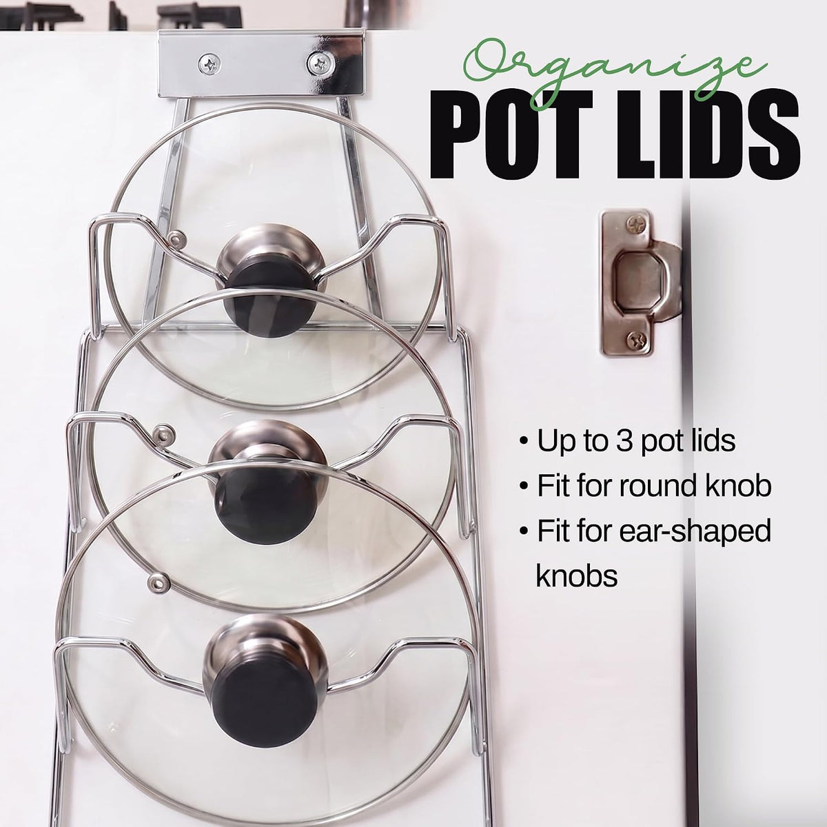 6-Slot Pot Lid Organizer, Cabinet Door or Wall Rack, White, 1-Pack | Six slots organize glass and metal pot or pan lids; mount on a cabinet door or pantry wall to maximize kitchen storage.