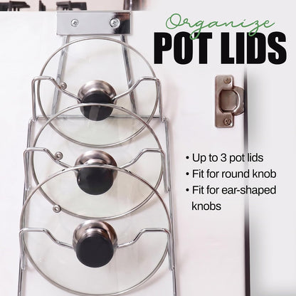 6-Slot Pot Lid Organizer, Cabinet Door or Wall Rack, White, 1-Pack | Six slots organize glass and metal pot or pan lids; mount on a cabinet door or pantry wall to maximize kitchen storage.