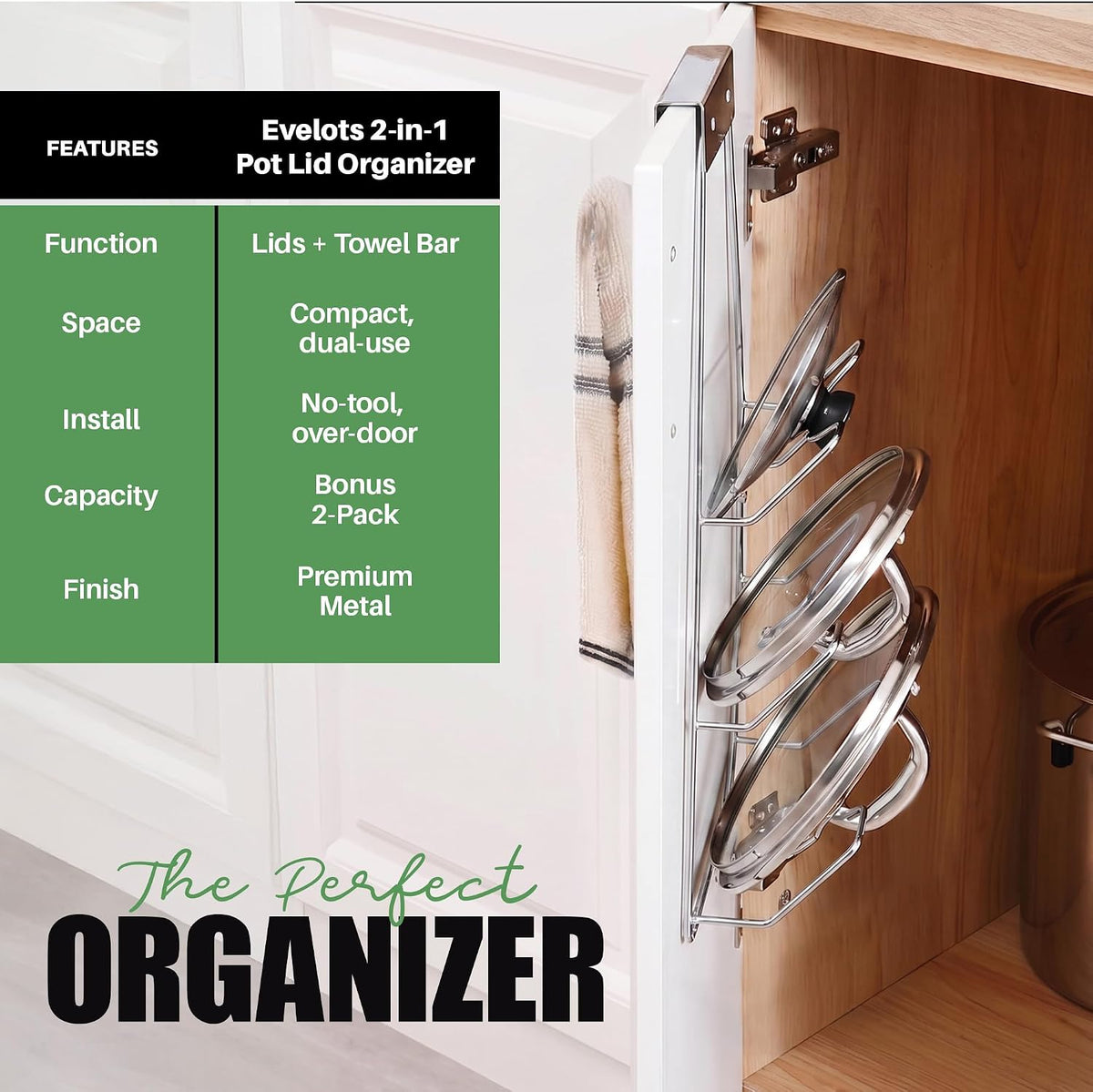 6-Slot Pot Lid Organizer, Cabinet Door or Wall Rack, White, 1-Pack | Six slots organize glass and metal pot or pan lids; mount on a cabinet door or pantry wall to maximize kitchen storage.