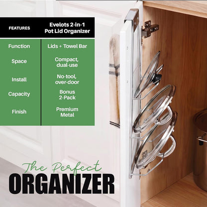6-Slot Pot Lid Organizer, Cabinet Door or Wall Rack, White, 1-Pack | Six slots organize glass and metal pot or pan lids; mount on a cabinet door or pantry wall to maximize kitchen storage.