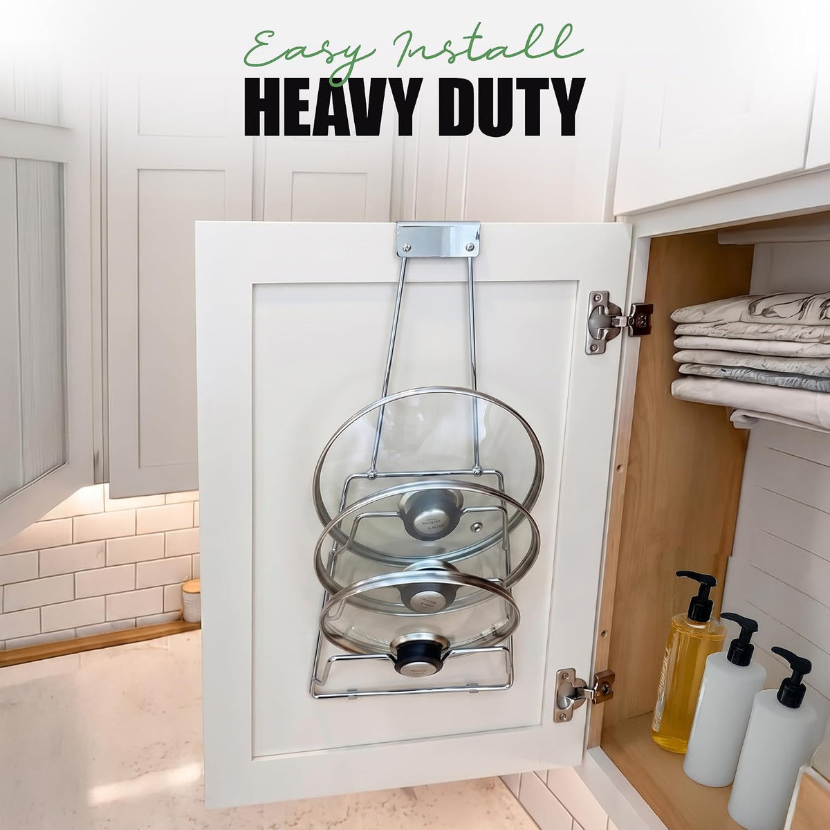 6-Slot Pot Lid Organizer, Cabinet Door or Wall Rack, White, 1-Pack | Six slots organize glass and metal pot or pan lids; mount on a cabinet door or pantry wall to maximize kitchen storage.