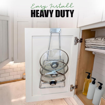 6-Slot Pot Lid Organizer, Cabinet Door or Wall Rack, White, 1-Pack | Six slots organize glass and metal pot or pan lids; mount on a cabinet door or pantry wall to maximize kitchen storage.