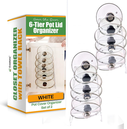 6-Slot Pot Lid Organizer, Cabinet Door or Wall Rack, White, 1-Pack | Six slots organize glass and metal pot or pan lids; mount on a cabinet door or pantry wall to maximize kitchen storage.