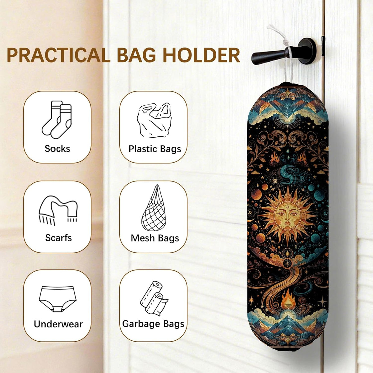 Plastic Bag Holder Dispenser, Plastic Grocery Bag Organizer & Wall Mount Paper Trash Bags Saver Storage for Kitchen Home Pantry Decor, Sun Kitchen Decor