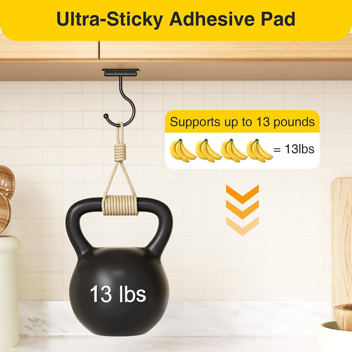 Banana Hook Under Cabinet Adhesive, Under Counter Banana Hanger, Black