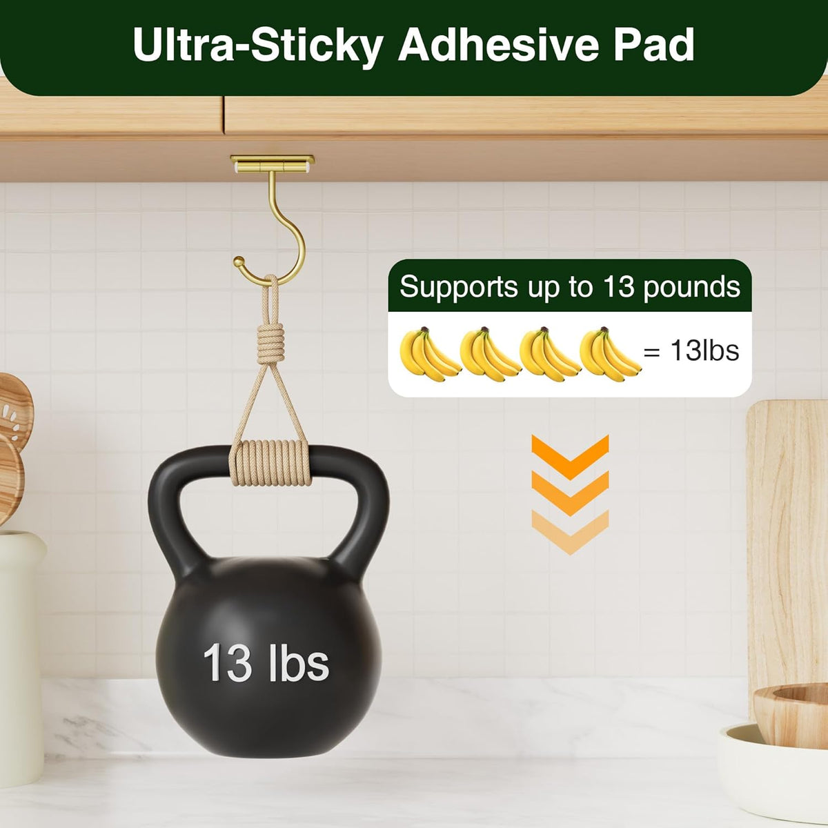 Banana Hook Under Cabinet Adhesive, Under Counter Banana Hanger, Black