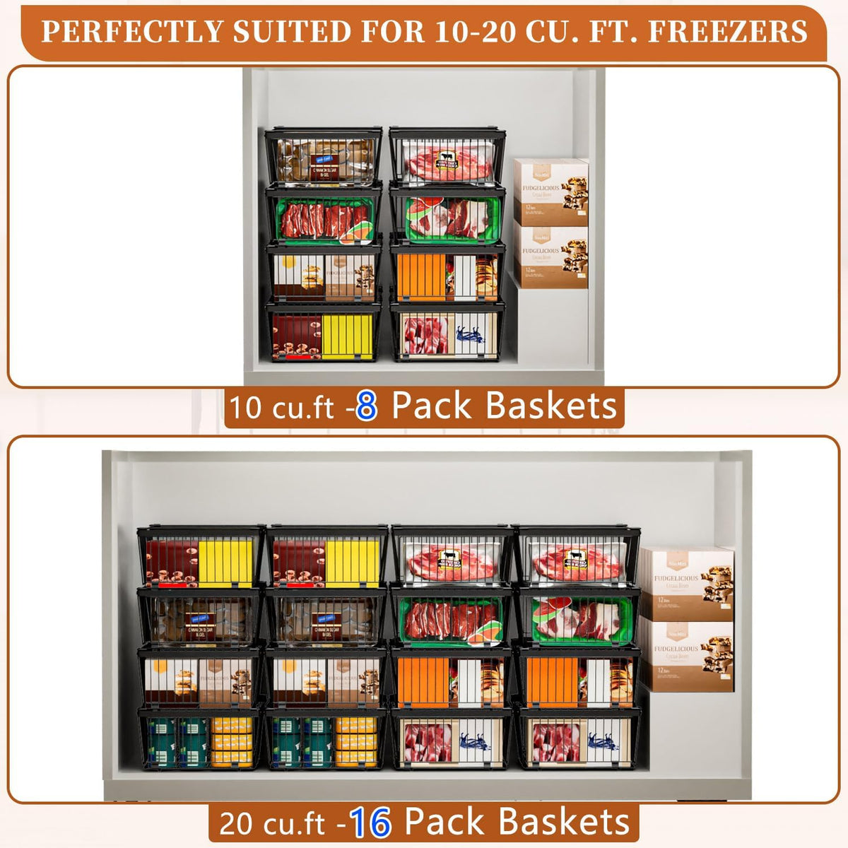 Large Freezer Organizer Bins，Upgraded Bottom Leak-Proof net，Fit 10 to 20 Cu.Ft Deep Freezer，4Pack， Expandable Stackable Chest Freezer Organizer Bins , for Fridge, Deep Freezer, Cabinet