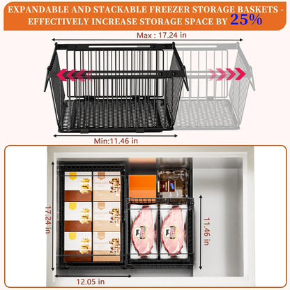 Large Freezer Organizer Bins，Upgraded Bottom Leak-Proof net，Fit 10 to 20 Cu.Ft Deep Freezer，4Pack， Expandable Stackable Chest Freezer Organizer Bins , for Fridge, Deep Freezer, Cabinet
