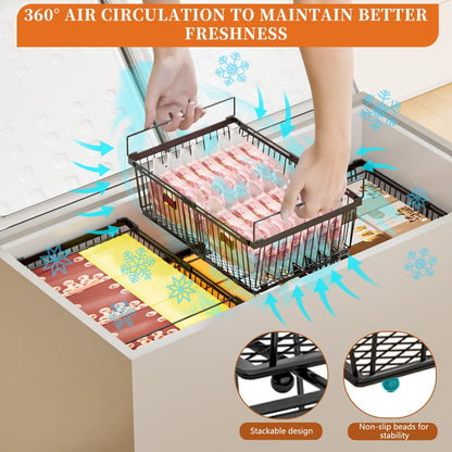 Large Freezer Organizer Bins，Upgraded Bottom Leak-Proof net，Fit 10 to 20 Cu.Ft Deep Freezer，4Pack， Expandable Stackable Chest Freezer Organizer Bins , for Fridge, Deep Freezer, Cabinet