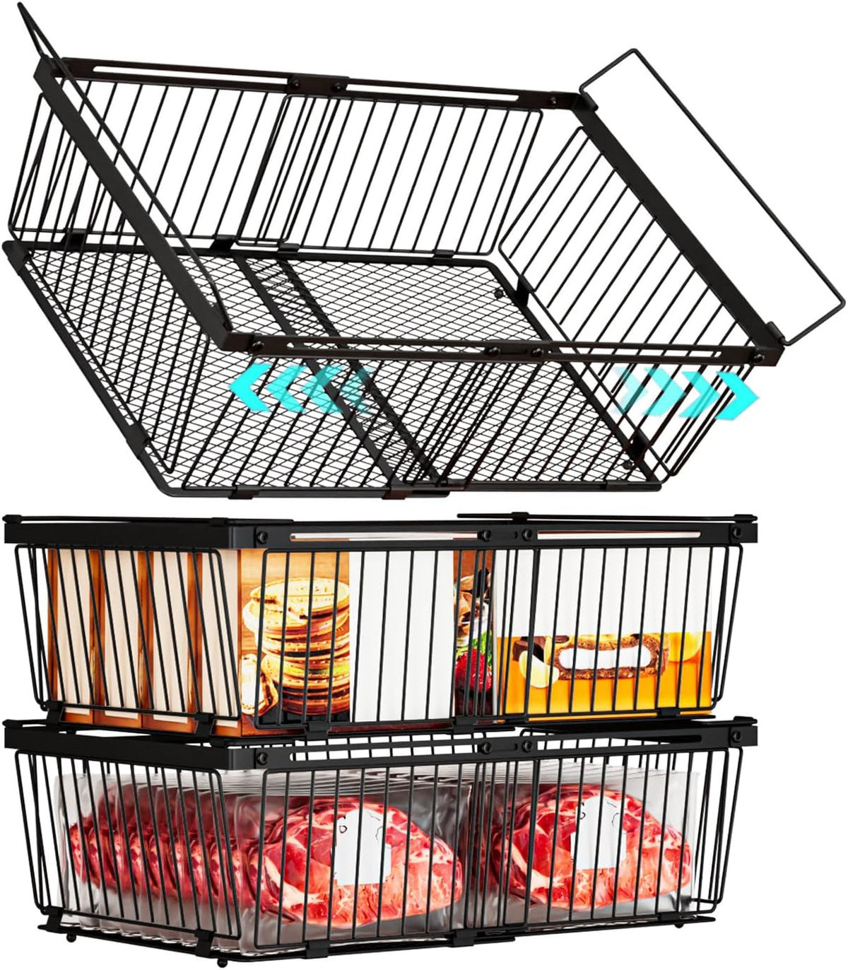 Large Freezer Organizer Bins，Upgraded Bottom Leak-Proof net，Fit 10 to 20 Cu.Ft Deep Freezer，4Pack， Expandable Stackable Chest Freezer Organizer Bins , for Fridge, Deep Freezer, Cabinet